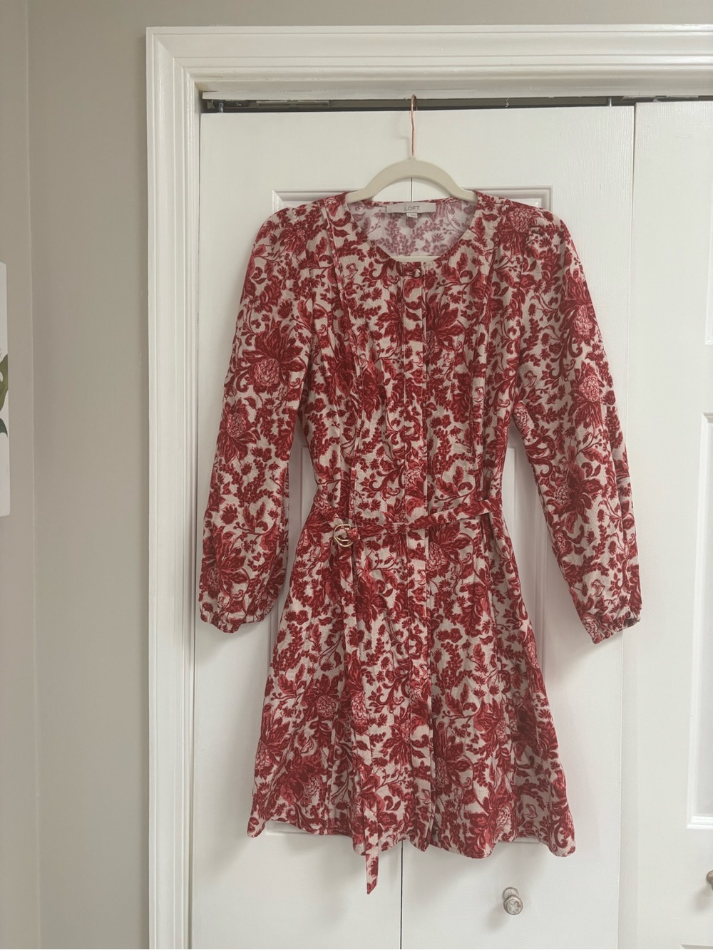 LOFT Red Floral Long Sleeve Belted Dress